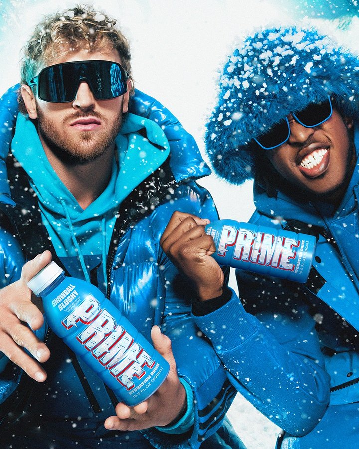 Instagram post by @loganpaul for DrinkPrime. Caption reads: Snowball Slushy ❄️ Winter in a bottle.....