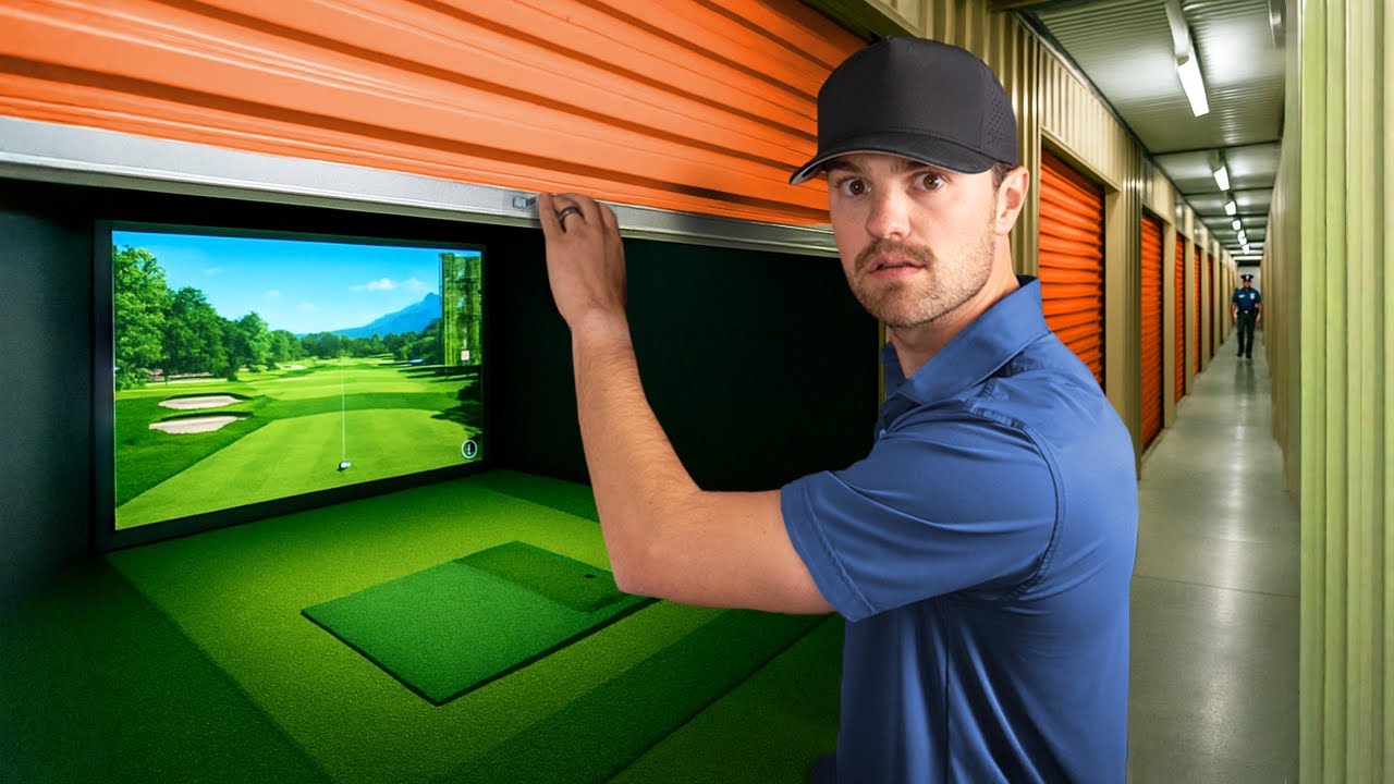YouTube post by @JoshMayerGolf for Takomo Golf. Caption reads: I Built a Secret Golf Simulator In a Storage Unit.