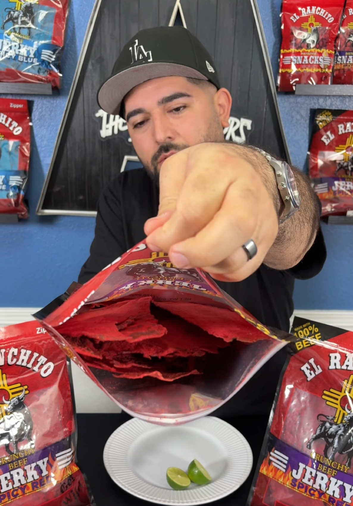TikTok post by @acostaa.fam for El Ranchito Jerky. Caption reads: [...] In Stock Now Order yours! 🔥🔥....