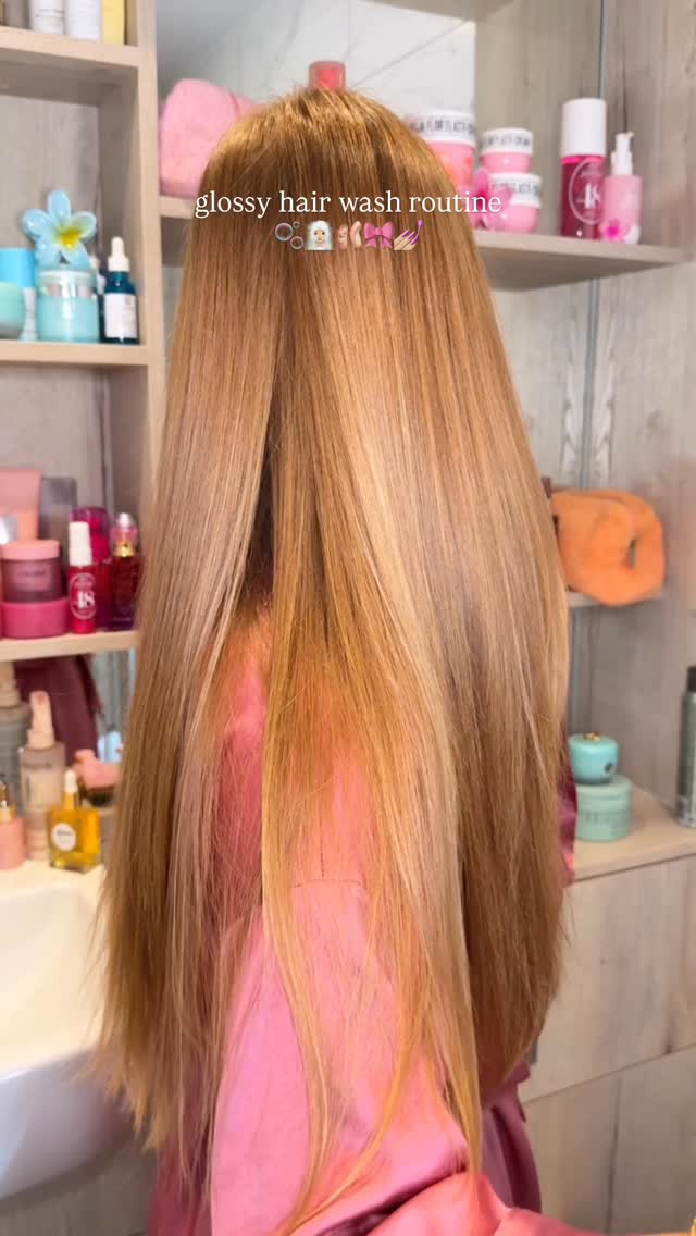 Instagram post by @byemmaleah for AQUIS Hair. Caption reads: glossy hair wash routine 🫧🧖🏼‍♀️🩰🎀💅🏼

we....