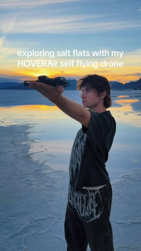 Instagram post by @megaamerican for HOVERAir. Caption reads: exploring the salt flats with my @hoverair_global....