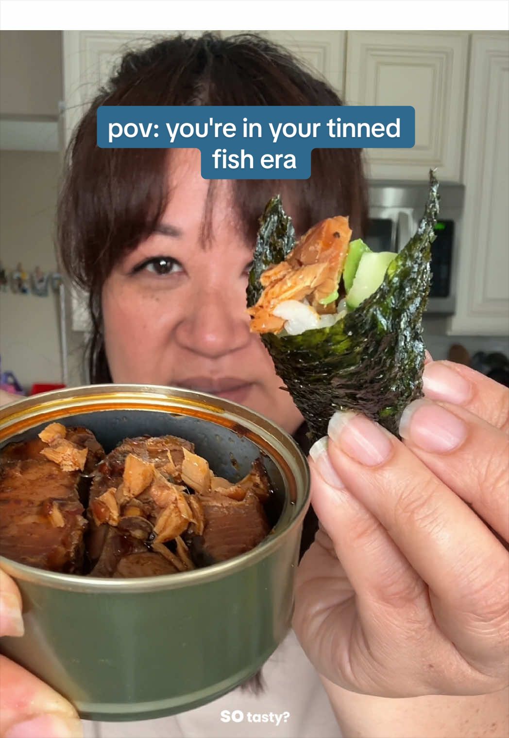 TikTok post by @chefjulieyoon for Fishwife. Caption reads: [...] pack with some rice and seaweed @Fishwife....