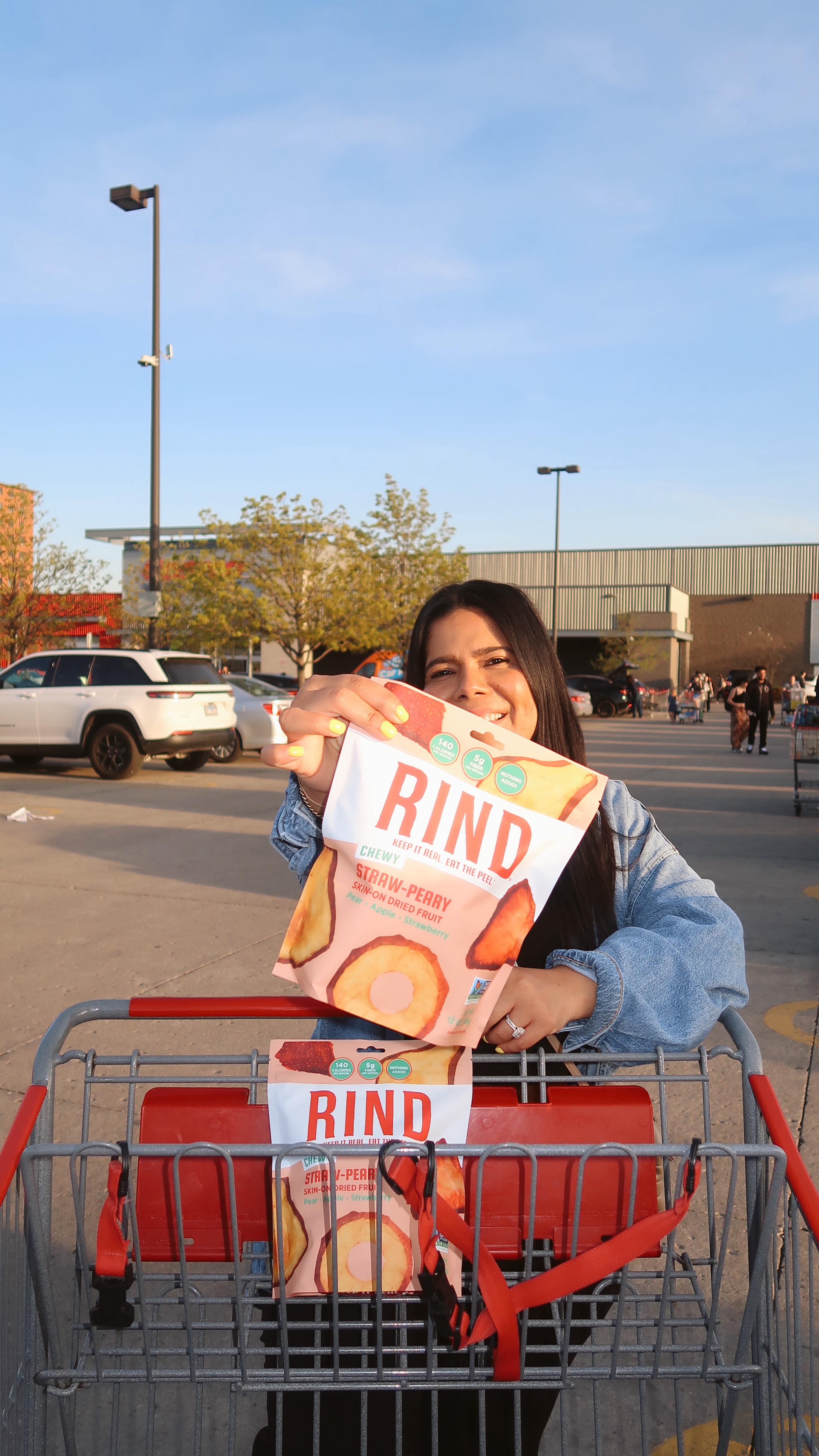 Instagram post by @misskren for RIND Snacks. Caption reads: @rindsnacks Skin-On Dried Fruit is available at....