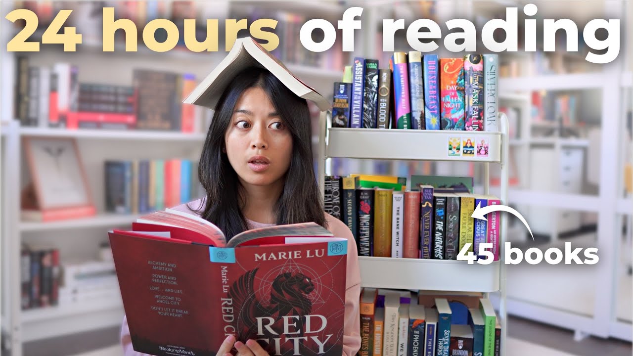 YouTube post by @jaimefok for BookoftheMonth. Caption reads: reading my TBR for 24 hours 📚 (how many books can....