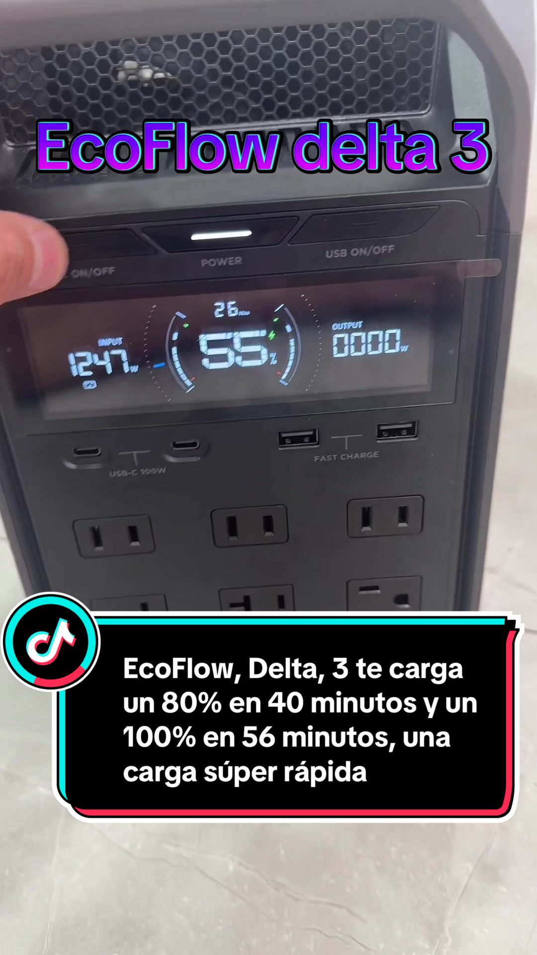 TikTok post by @kikocolionne for EcoFlow. Caption reads: EcoFlow delta 3 tiene una carga de 80 % en 40....