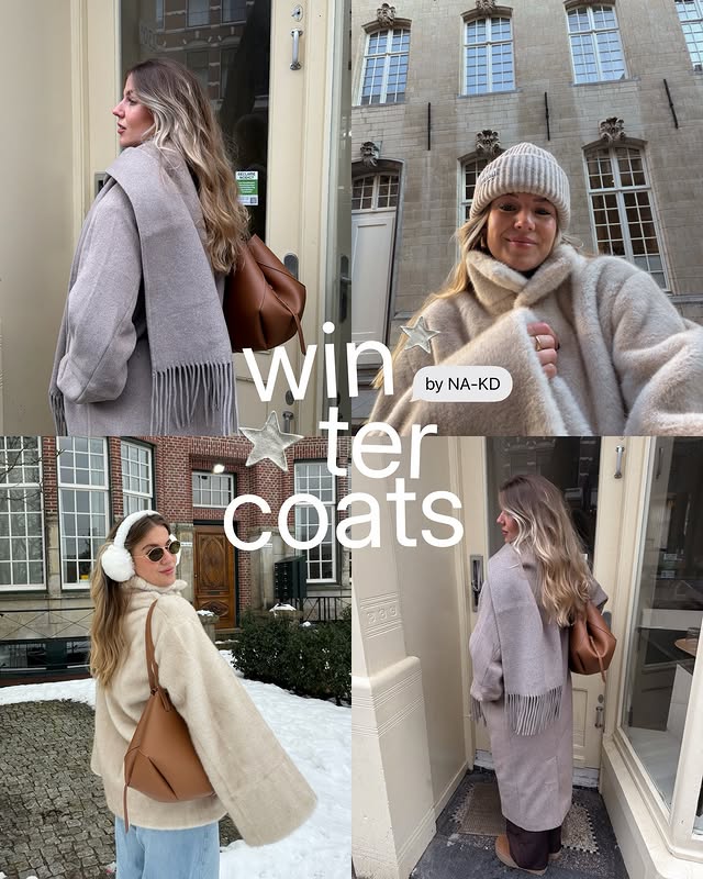 Instagram post by an influencer for NA-KD. Caption reads: you & me, a snowy walk? 💭☕️ @nakdfashion....