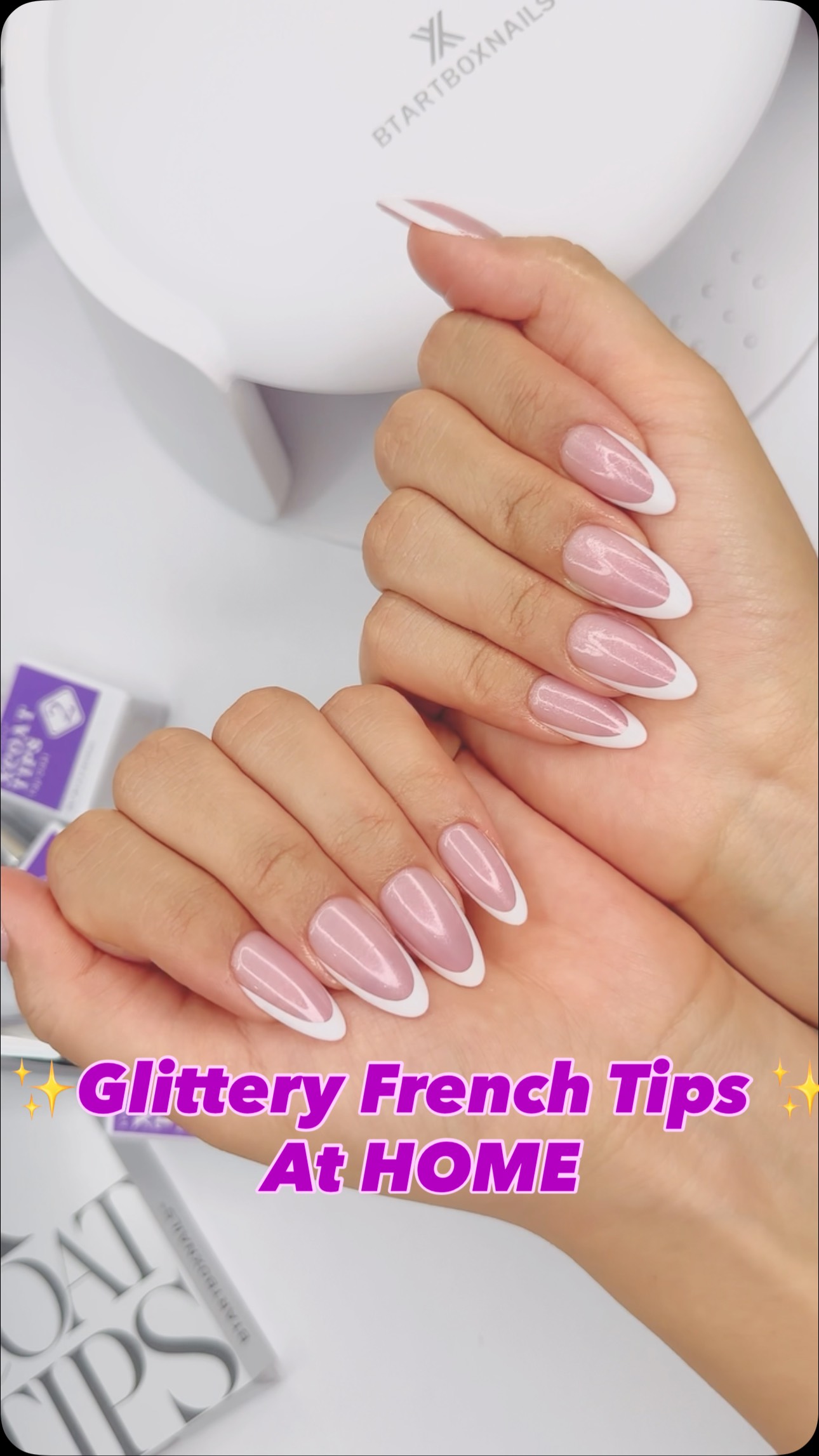 Instagram post by @zeebaa.m for BTArtboxnails. Caption reads: Perfect amount of ✨Glitter✨ on my French Tips from....