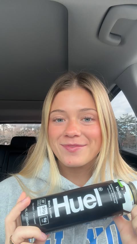 Instagram post by @avery.neff for Huel. Caption reads: Busy mornings = solved ✅ complete meals in....