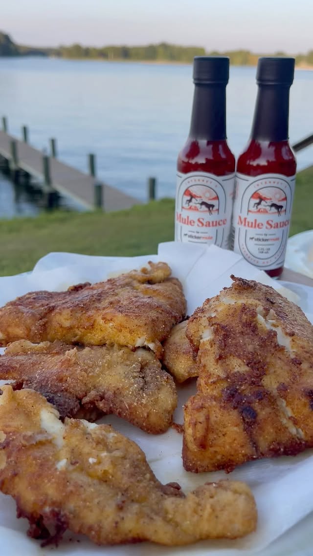 Instagram post by @grubwithjus for Sticker Mule. Caption reads: Fresh Caught Fried Fish 🐟 topped with....
