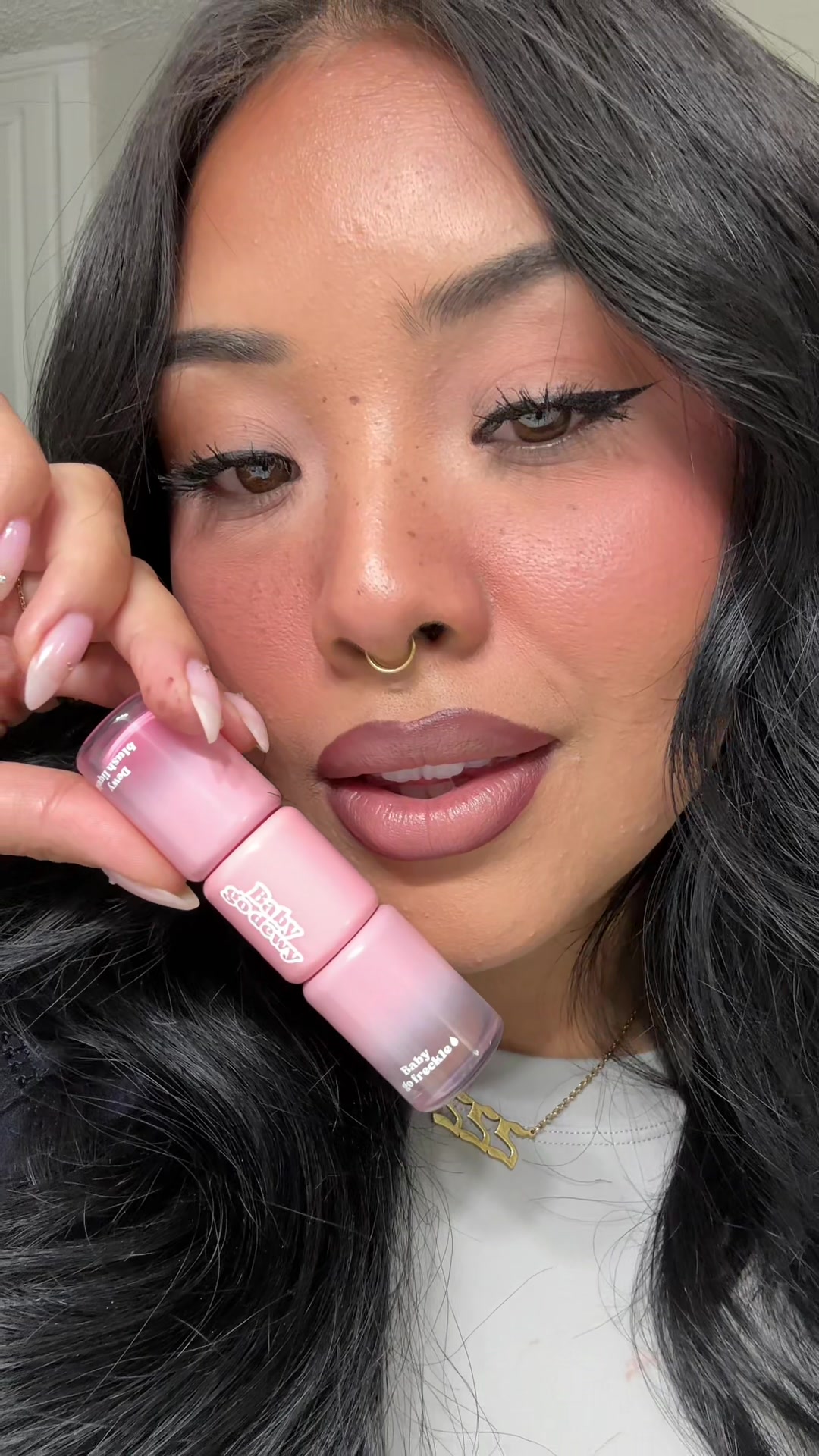 TikTok post by @aana_kay1 for Babygodewy Beauty. Caption reads: [...] duo 💗 Blush & freckles routine....