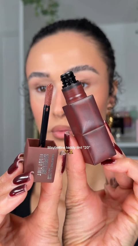 Instagram post by @hanstluce for Maybelline. Caption reads: @maybelline teddy tint “20”🧸🤎🫶🏼 with lip liner....