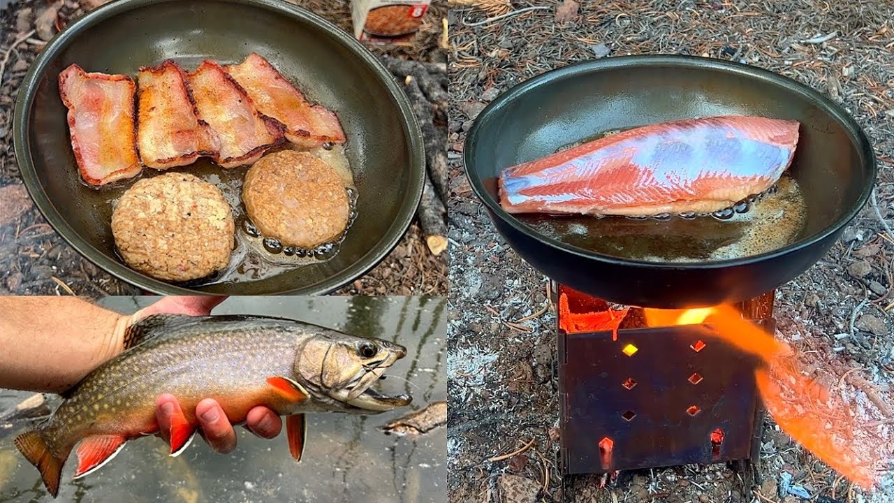 YouTube post by @bassntroutfishing for Piscifun. Caption reads: BUSHCRAFT BREAKFAST & BROOK TROUT!! CATCH N’ COOK.