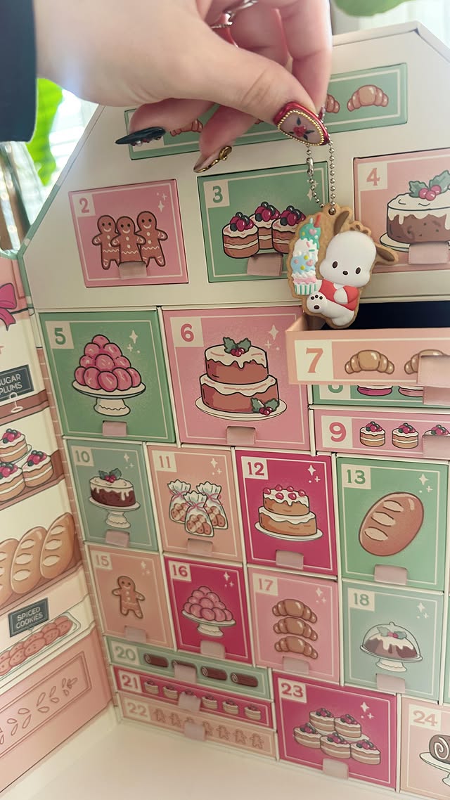 Instagram post by @rosymaplesloth for Sanrio. Caption reads: Open day 7 of my Sanrio advent calendar with me!....