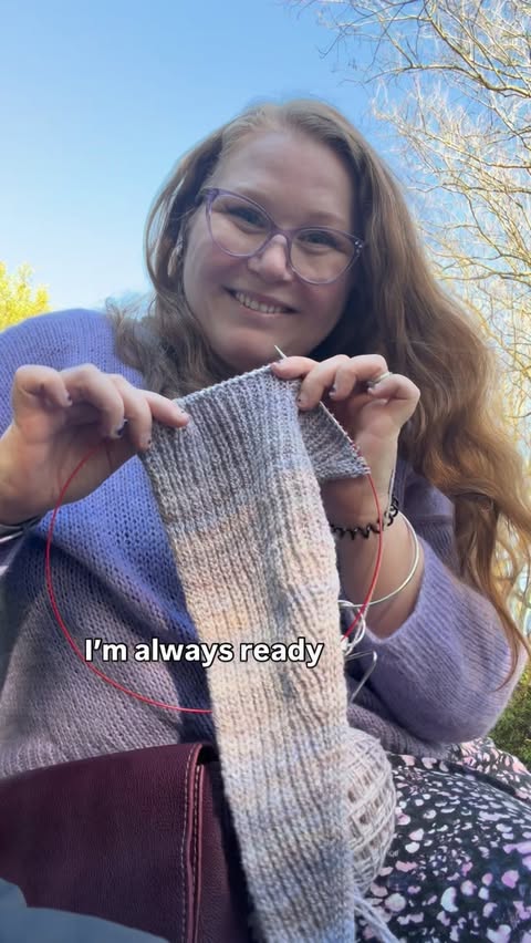 Instagram post by @rachelisknitting for Portland Leather Goods. Caption reads: I stay packing 🧶 💜Sweater is the....