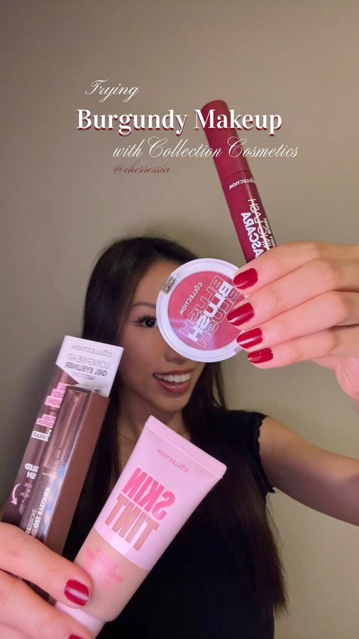 Instagram post by @cherressia for Collection Cosmetics. Caption reads: GRWM: Burgundy Makeup edition 💃🏻🍒🍁
with....
