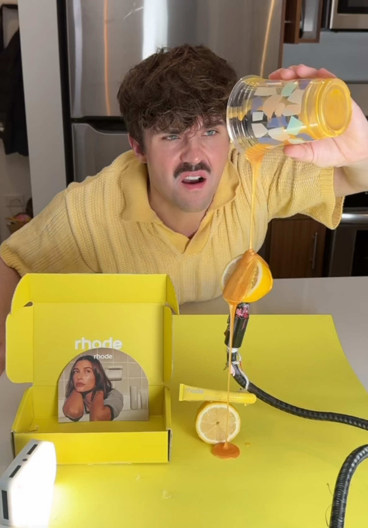 TikTok post by @connerchanttt for Rhode Skin. Caption reads: I made a commercial for @rhode skin @Hailey Bieber....
