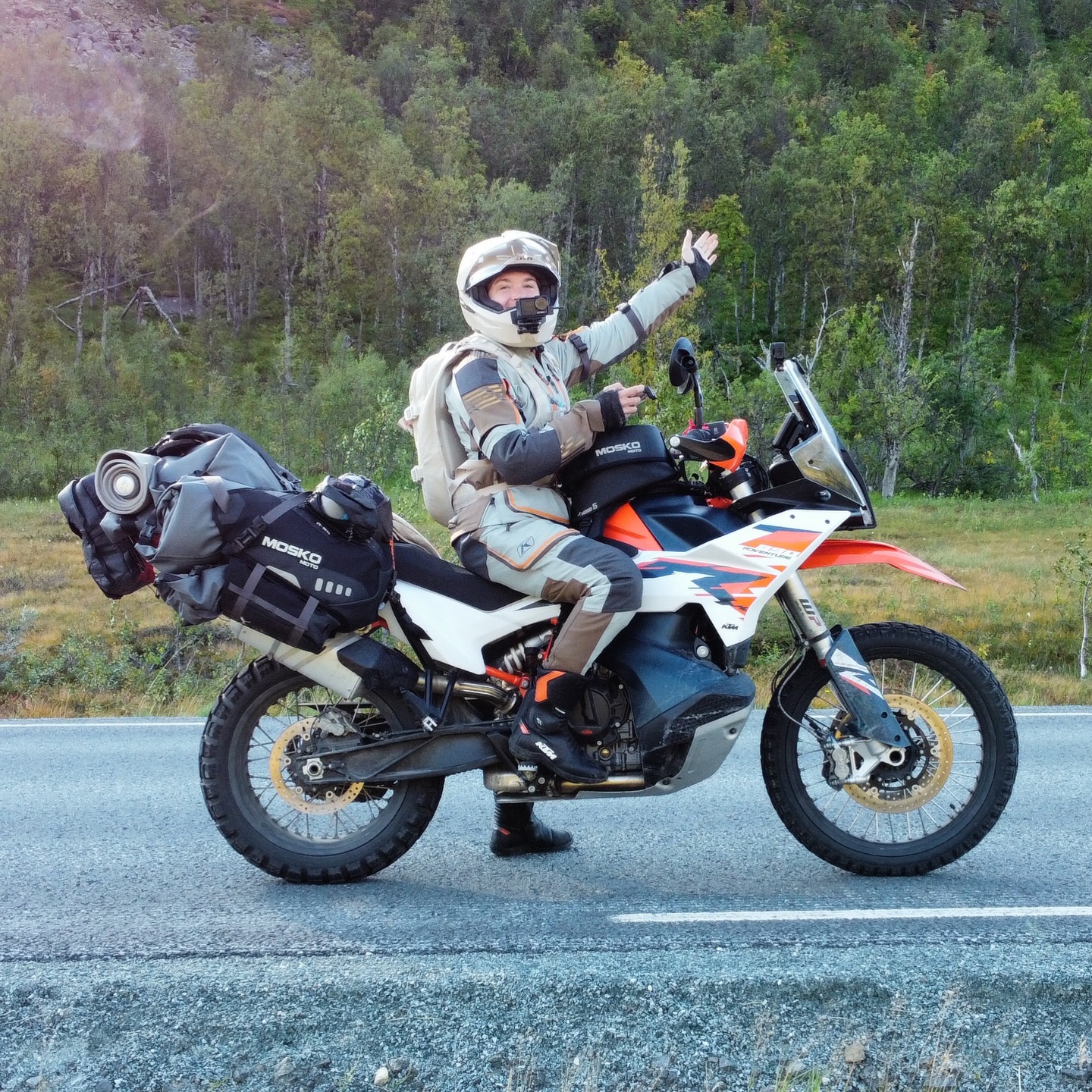 Instagram post by @krikkosadventures for Mosko Moto. Caption reads: [...] 🧥 Klim Motorcycle Clothing 🎒 Mosko Moto....