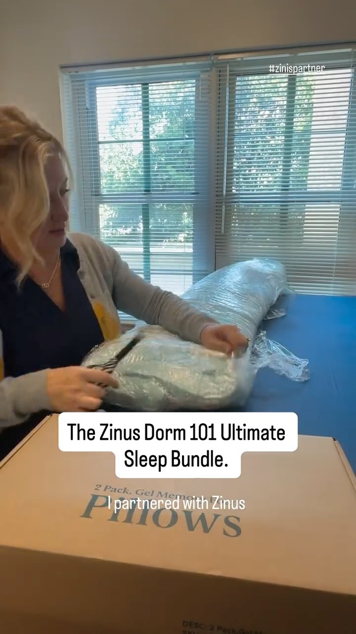 Instagram post by @catiekeogh for Zinus. Caption reads: Whew… moving my daughter into her college dorm hit....