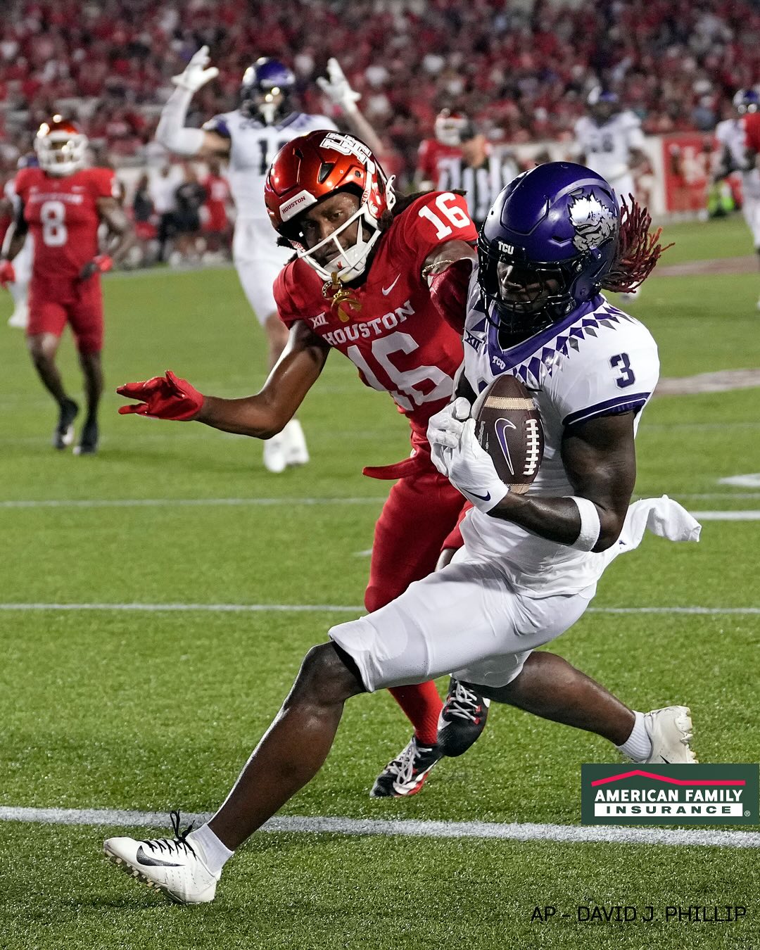 Instagram post by @tcufootball for American Family Insurance. Caption reads: Welcome to the squad, Savion!.