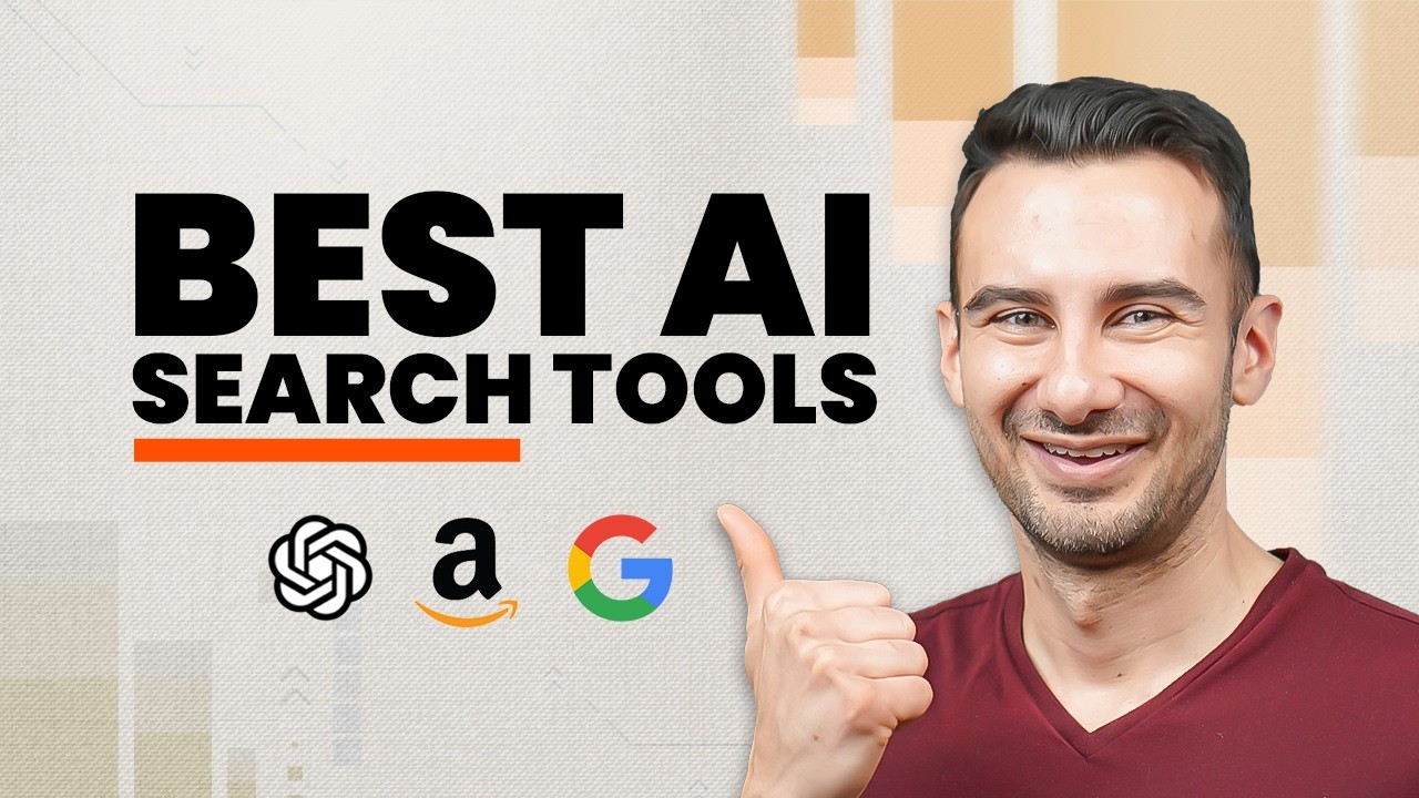 YouTube post by @KevinStratvert for ElevenLabs. Caption reads: BEST Free AI Search Tools of 2025 (ChatGPT Isn’t....