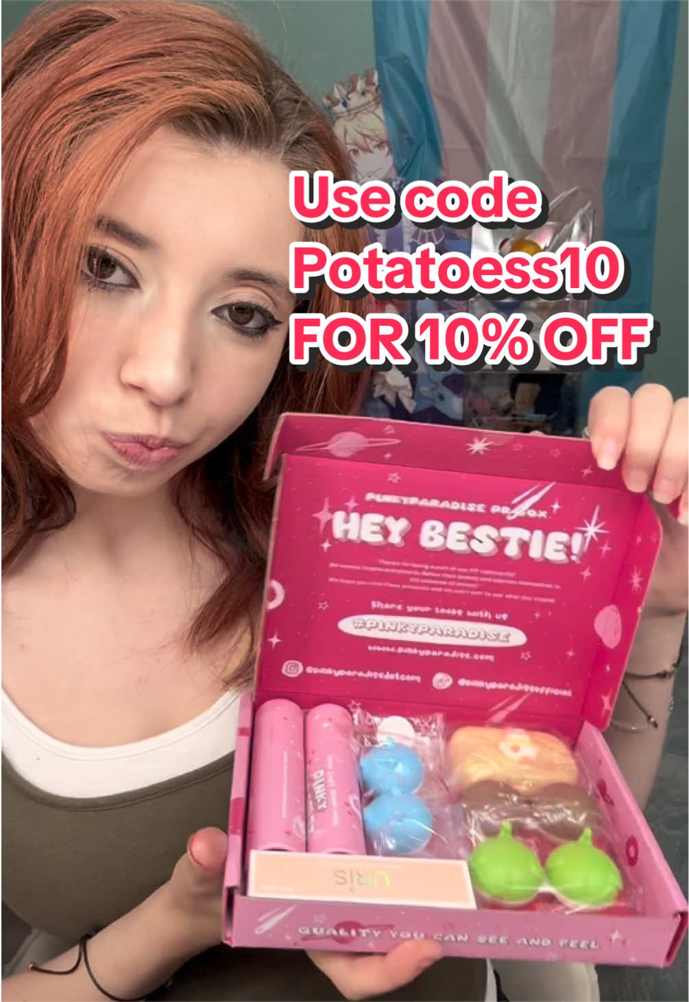 TikTok post by @becomingpotatoess for PinkyParadise. Caption reads: [...] off your next order!! Thank you to....