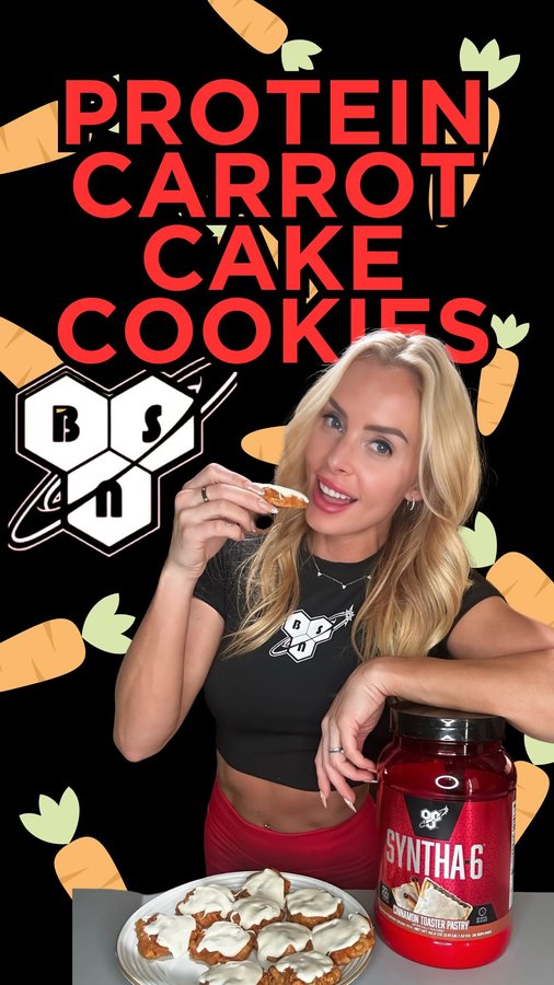 Instagram post by @lizzieifbbpro for BSN. Caption reads: ✨ Protein Packed Carrot Cake Cookies 🥕🍪 
Craving....
