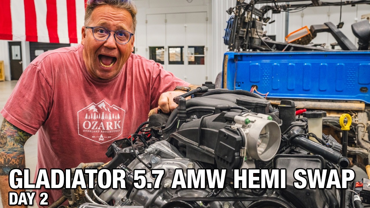 YouTube post by @OzarkOverlandAdventures for – ICECOFREEZER. Caption reads: Jeep Gladiator 5.7 AMW Hemi Swap - Day 2.