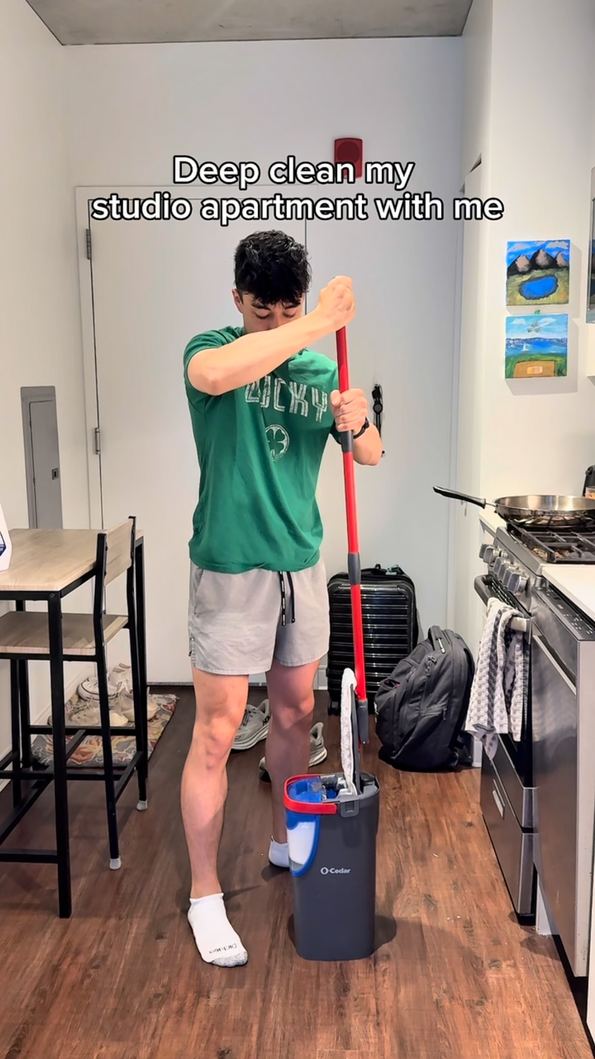 Instagram post by @andrewsdailyday for O-cedar. Caption reads: Deep clean my studio apartment with me and the....