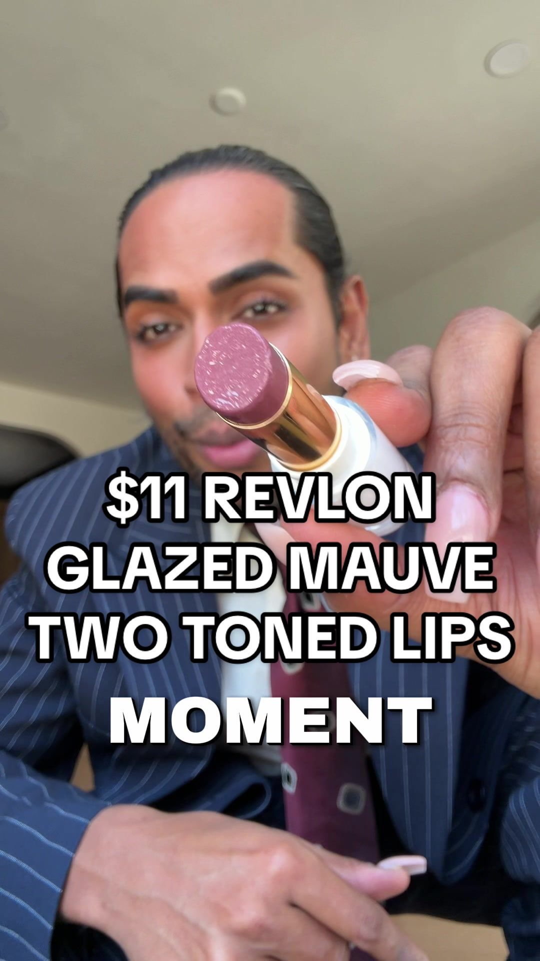 TikTok post by @adityamadiraju for Revlon. Caption reads: LITERALLY THE JAMES BOND OF HIGH SHINE LIPPIES!!....