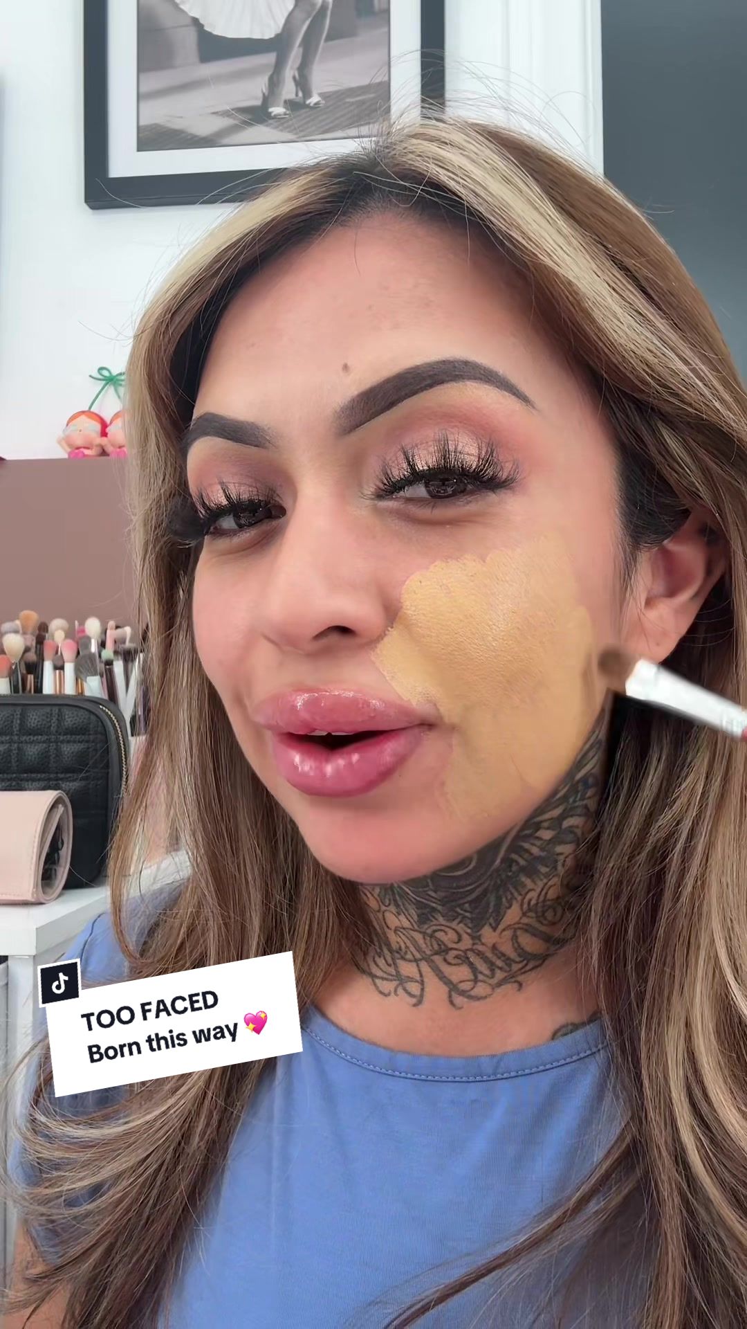 TikTok post by @queenxmelissa for Too Faced. Caption reads: Too faced Born this way foundation 50% OFF LIMITED....