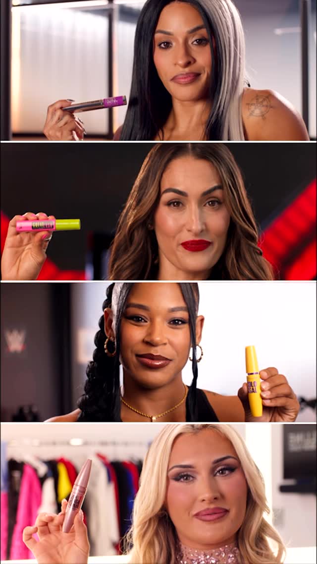 Instagram post by @biancabelairwwe for Maybelline. Caption reads: Four legends. Four lash icons. Which one are you?....