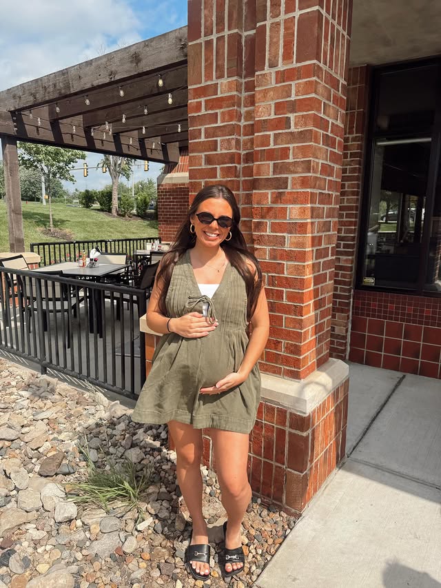 Instagram post by @sierra_beckner for PinkBlush Maternity. Caption reads: The CUTEST maternity romper from....