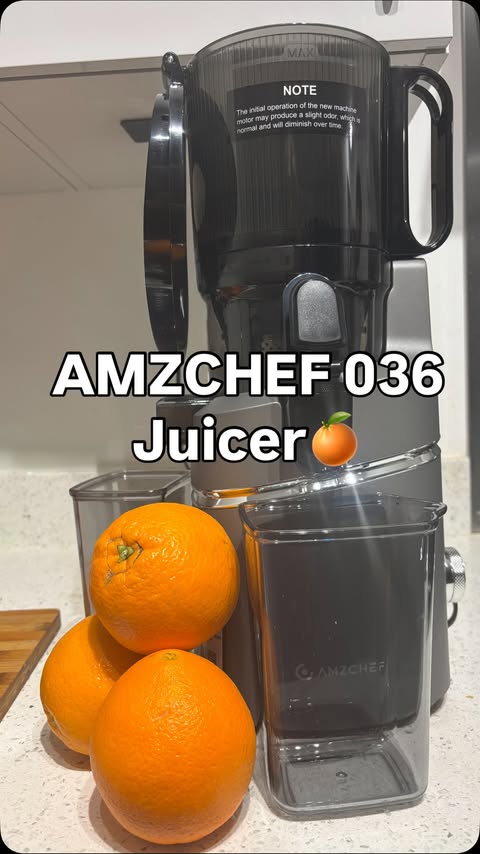 Instagram post by @ronnieandmama for AMZCHEF. Caption reads: I didn’t think I’d ever be the “make orange juice....