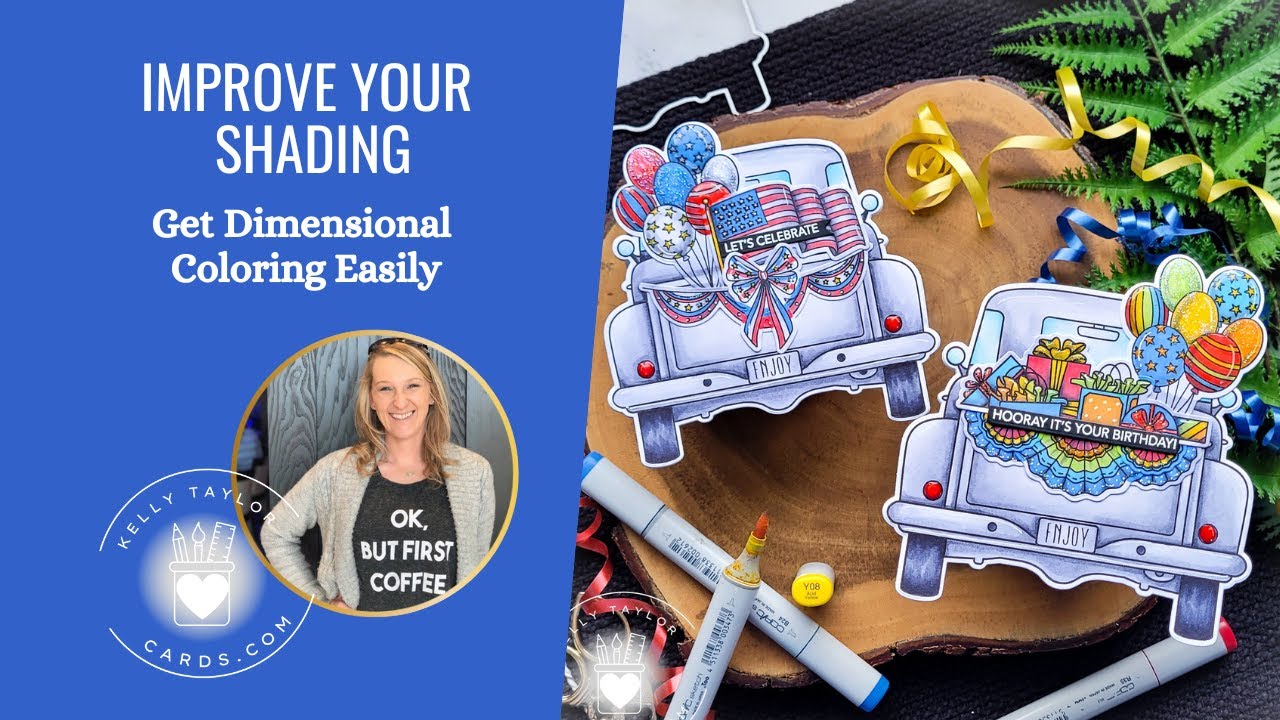 YouTube post by @KellyTaylorCards for Honey Bee Stamps. Caption reads: Improve Your Shading, Celebration Shaped Cards:....