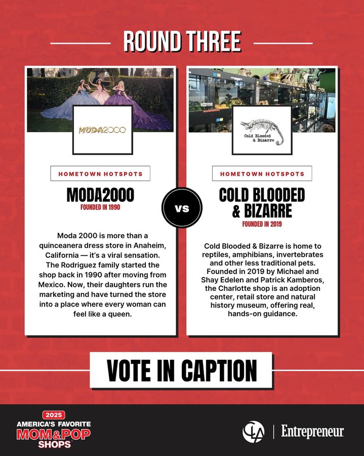 Instagram post by @coldbloodedandbizarre for Entrepreneur. Caption reads: The final matchup of Hometown Hotspots is....