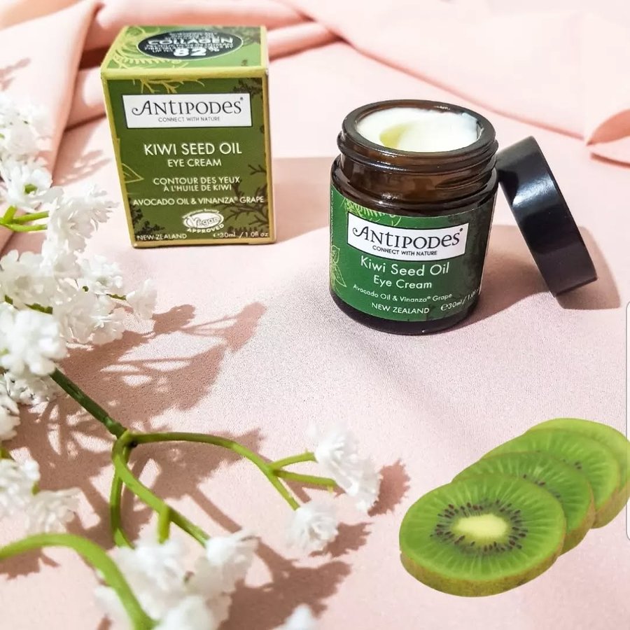 Instagram post by @little.fingers.exploring for Antipodes Skincare. Caption reads: 🥝 The Antipodes Kiwi Seed Eye Cream 🥝 ....