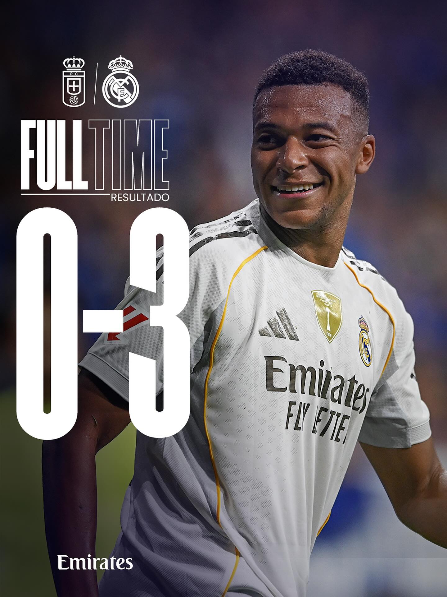 Instagram post by @realmadrid for Emirates. Caption reads: FT: Real Oviedo 0-3 Real Madrid
⚽ 37’ @K.Mbappe
⚽....