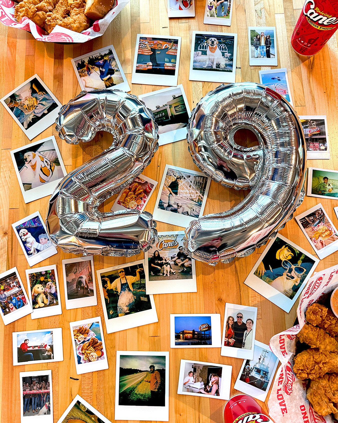 Instagram post by @raisingcane3 for Raising Cane's. Caption reads: 29 years, countless memories—thanks, Caniacs!.