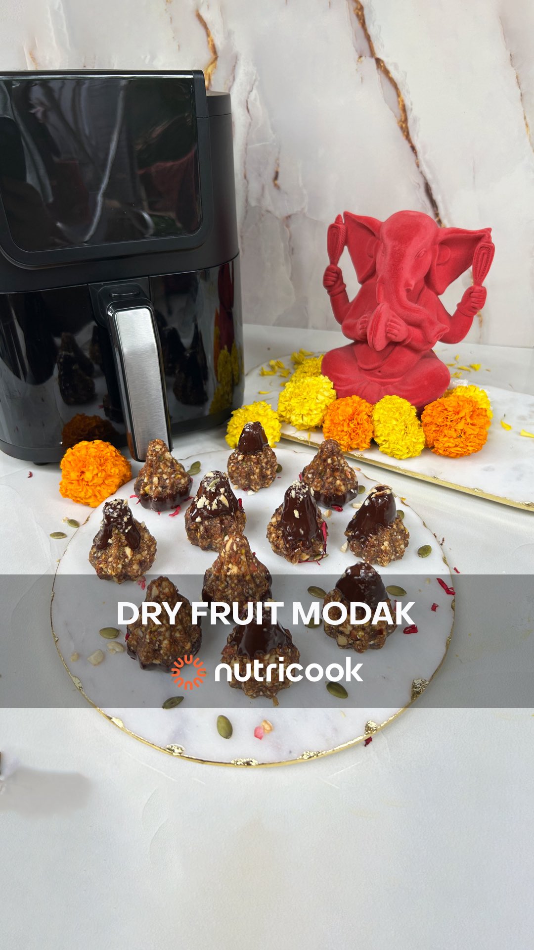 Instagram post by @home_cooked_bliss for Nutricook India. Caption reads: ✨ Dry Fruit Gulkand Modak Recipe ✨
	1.	Roast 2....