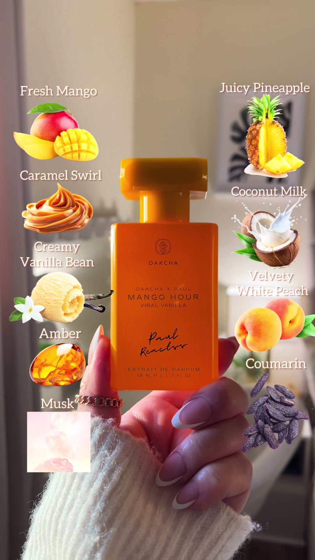 TikTok post by @gabbyfragrances for Oakcha. Caption reads: Mango Hour Viral Vanilla 🥭🍨💛@Oakcha This is the....