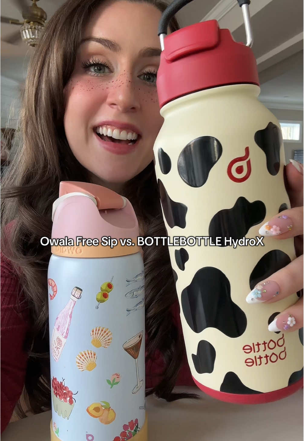 TikTok post by @rosymaplesloth for BOTTLE BOTTLE. Caption reads: The cow print is so cuteee! 🐄♥️ @BOTTLEBOTTLE US....