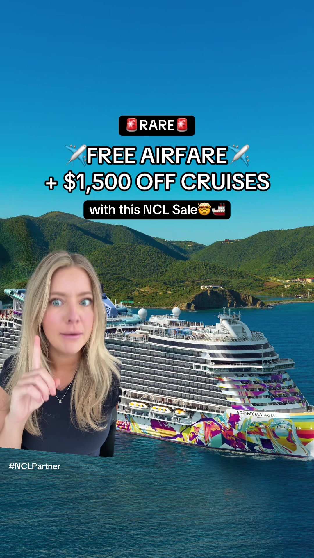 TikTok post by @shelbyreickstravels for Norwegian Cruise Line. Caption reads: [...] + up to $1,500 OFF cruises with @Norwegian....