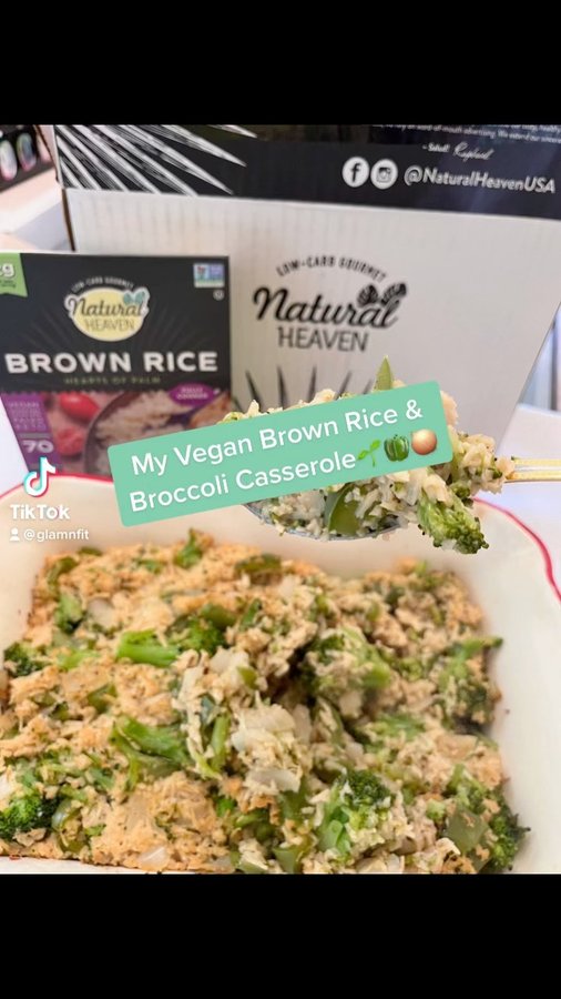 Instagram post by @azelvilchesjohnson for Natural Heaven. Caption reads: My Homemade Vegan Broccoli Rice Casserole 🌱🫑🧅....