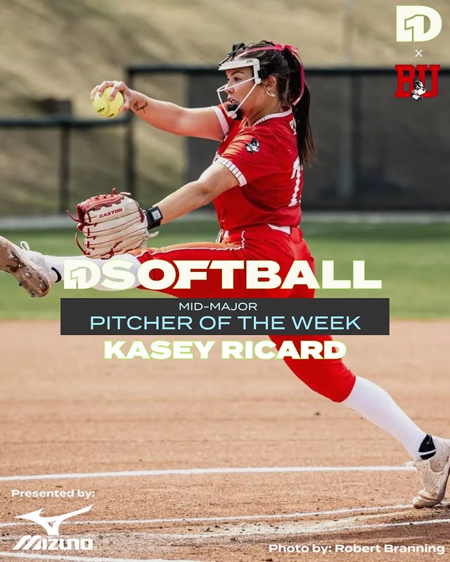 Instagram post by @terriersoftball for D1Softball.com. Caption reads: Mid-Major Pitcher of the Week: Kasey Ricard,....