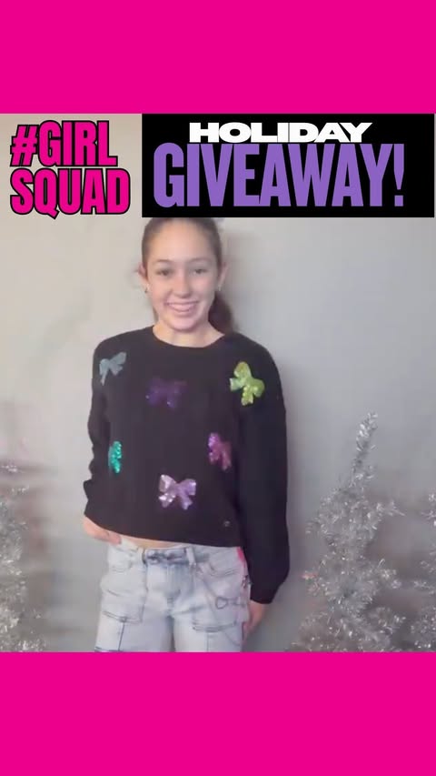 Instagram post by @cateannabeth30 for Justice. Caption reads: 💖✨ Time for another #GirlSquad Holiday Giveaway....