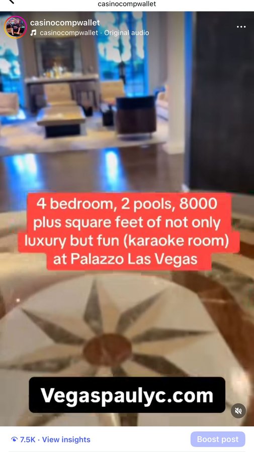 Instagram post by @casinocompwallet for The Venetian Las Vegas. Caption reads: Full video on my YouTube. This is the....
