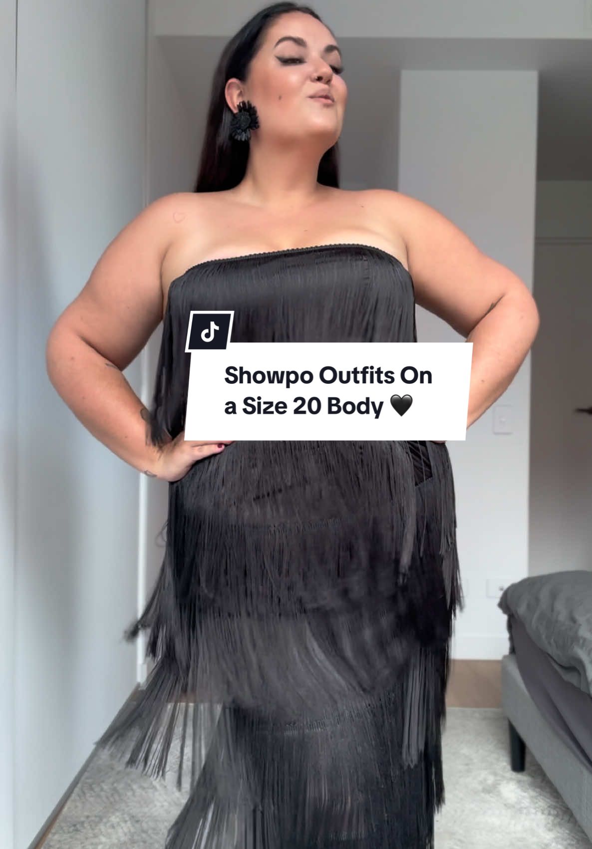 TikTok post by @chloervick for Showpo. Caption reads: Oh these are fun! 🖤 gifted @Showpo. #showpo....