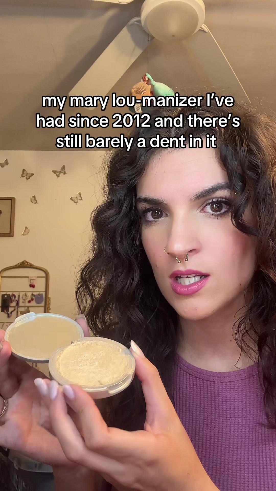 TikTok post by @literallycecilia for theBalm. Caption reads: [...] cool. my mom worked at a macys makeup....