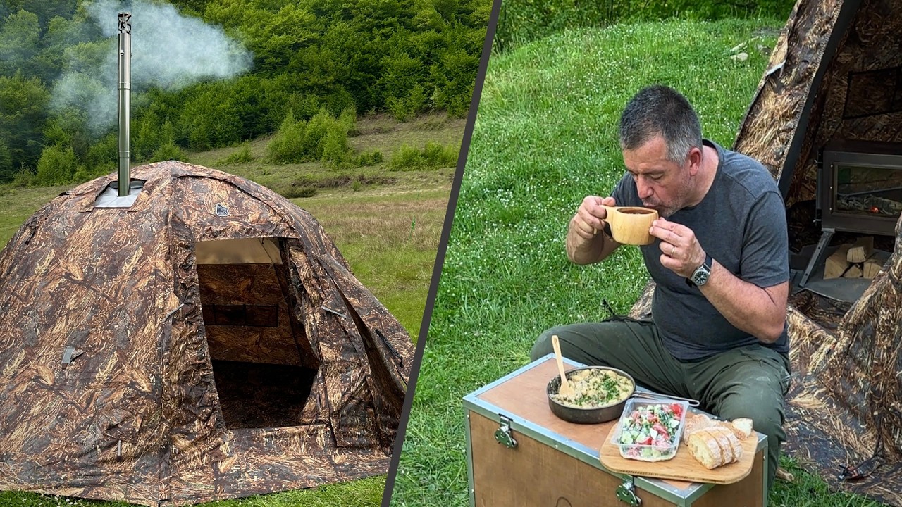 YouTube post by @Sergio_Outdoors for BeaverCraft Tools. Caption reads: Unbelievable Mountain Camping with Hot Tent &....