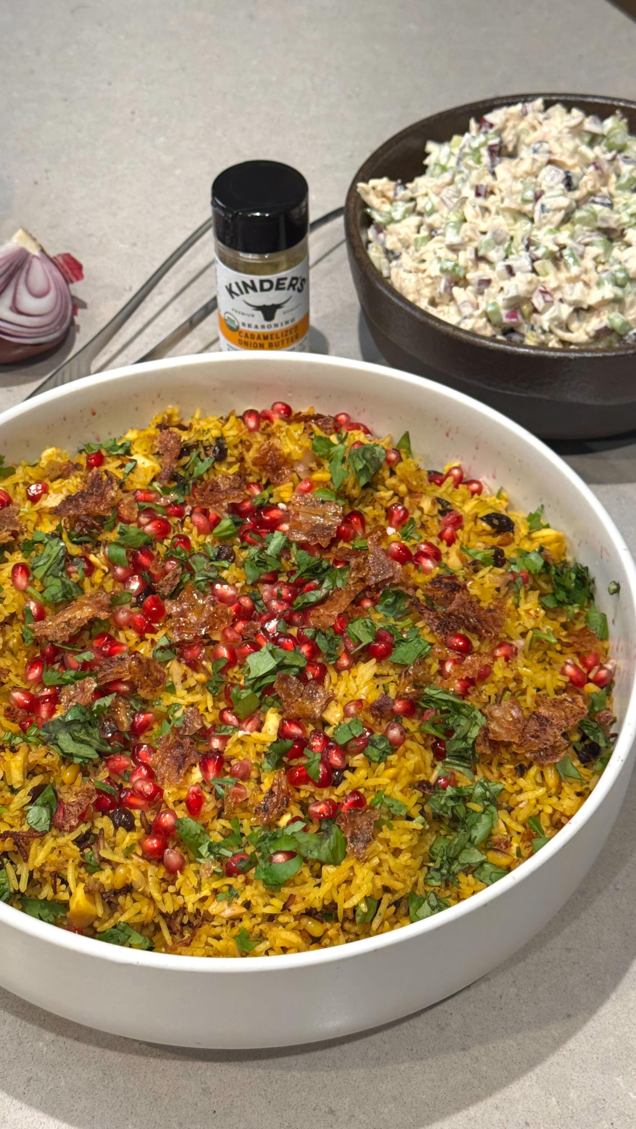 Instagram post by @beabeabeatherese for Kinder's. Caption reads: $4.99 Costco chicken 🤝 2 friendsgiving side....